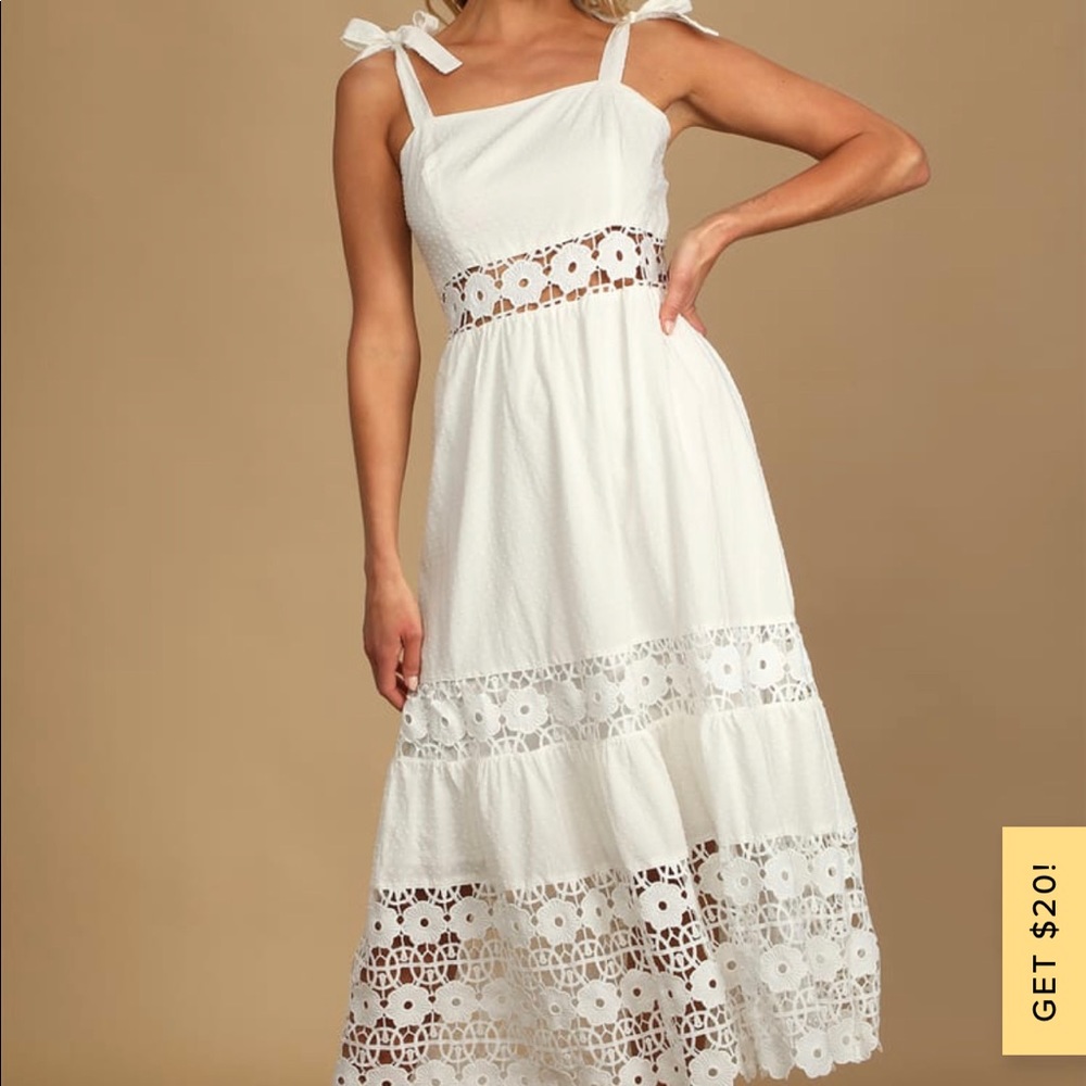 Lulus Cherry Days white Swiss dot midi dress